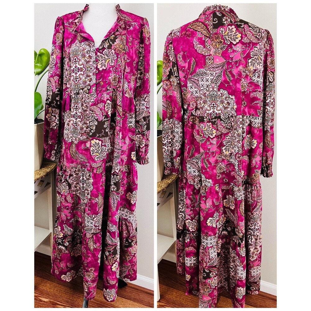 Wonderly Super Soft Fuchsia Floral Long Sleeve Ruffly Maxi Dress Tiered Sz Large